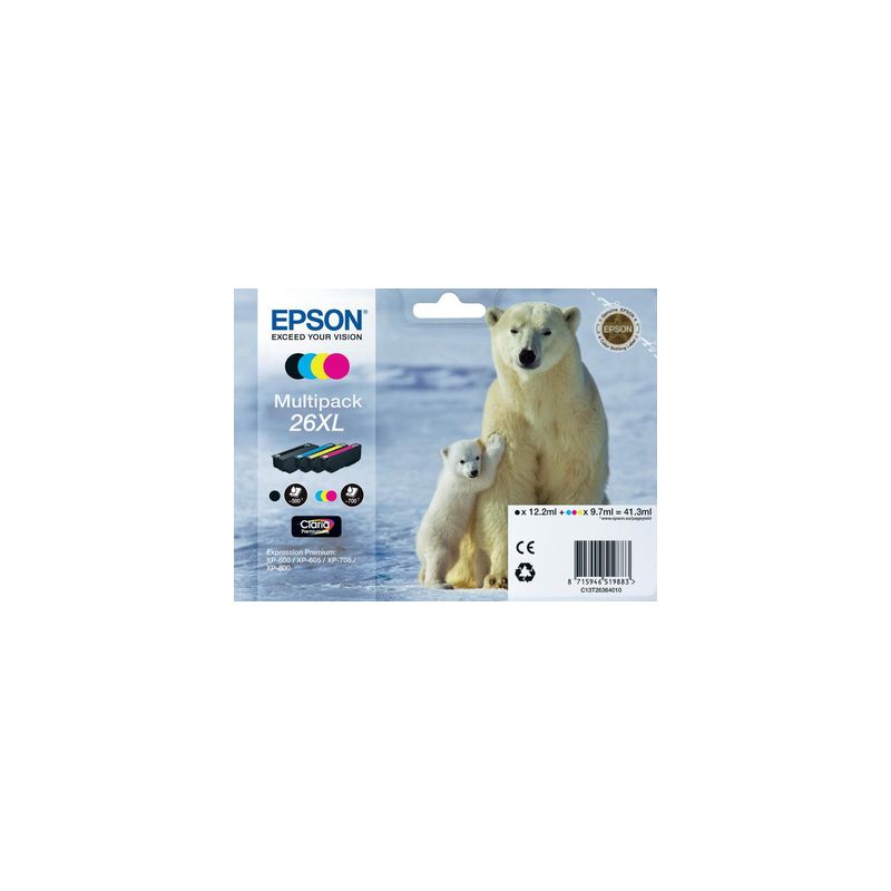 Pack de 4 cartuchos de tinta originales  -  EPSON 26XL  -  1 negro + 1 cian + 1 magenta + 1 amarillo  -  (C13T26364010)  -  gran