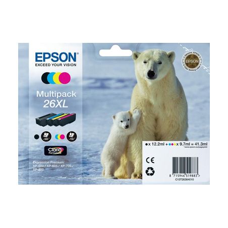 Pack de 4 cartuchos de tinta originales  -  EPSON 26XL  -  1 negro + 1 cian + 1 magenta + 1 amarillo  -  (C13T26364010)  -  gran
