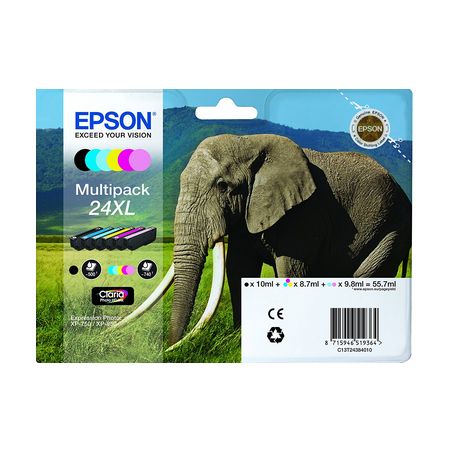 Pack de 6 cartuchos de tinta originales  -  EPSON 24XL  -  1 negro + 1 cian + 1 magenta + 1 amarillo + 1 cian claro + 1 magenta 