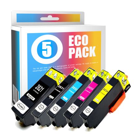 Pack de 5 cartuchos de tinta compatibles  -  EPSON 26XL  -  2 negro + 1 cian + 1 magenta + 1 amarillo  -  (C13T26364010)  -  gra