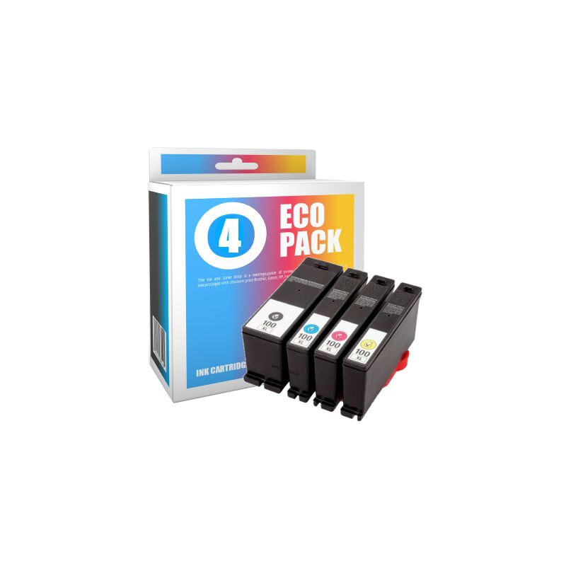 Pack de 4 cartuchos de tinta compatibles  -  LEXMARK 100XL  -  1 negro + 1 cian + 1 magenta + 1 amarillo  -  (14N1921E)  -  gran