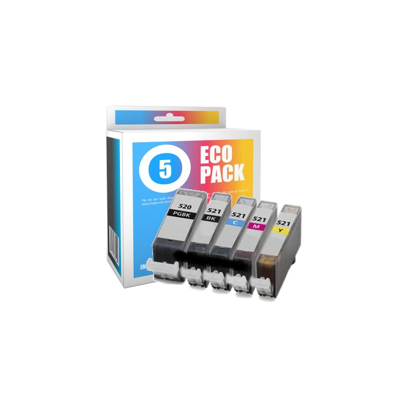 Pack de 5 cartuchos de tinta compatibles  -  CANON PGI520BK + CLI521BK + CLI521C + CLI521M + CLI521Y  -  2 negro + 1 cian + 1 ma