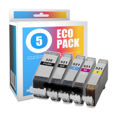 Pack de 5 cartuchos de tinta compatibles  -  CANON PGI520BK + CLI521BK + CLI521C + CLI521M + CLI521Y  -  2 negro + 1 cian + 1 ma