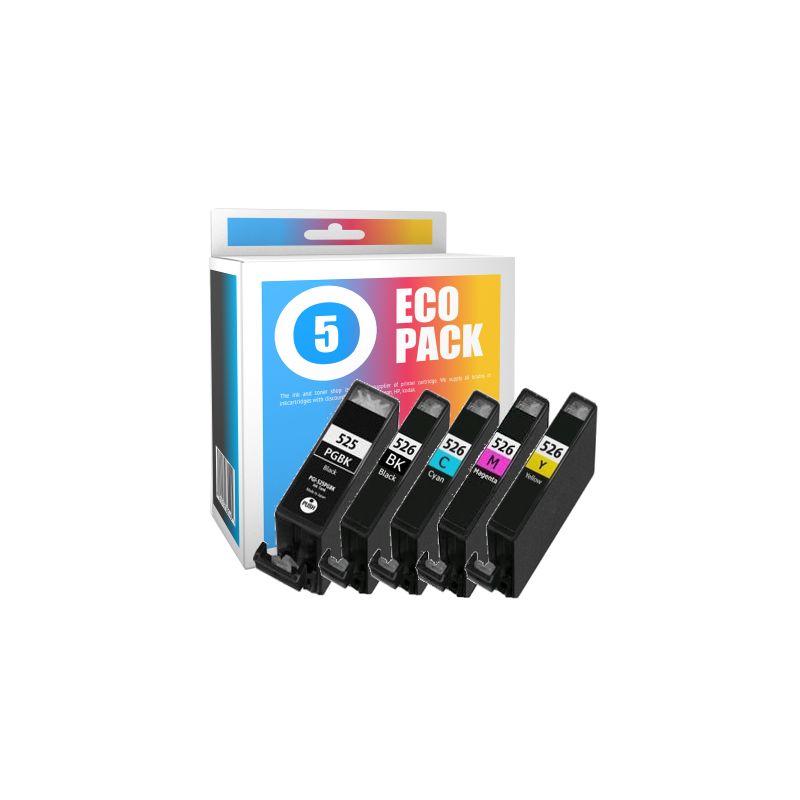 Pack de 5 cartuchos de tinta compatibles  -  CANON 525 PGBK + 526 BK + 526 C + 526 M + 526 Y  -  2 negro + 1 cian + 1 magenta + 