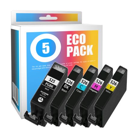 Pack de 5 cartuchos de tinta compatibles  -  CANON 525 PGBK + 526 BK + 526 C + 526 M + 526 Y  -  2 negro + 1 cian + 1 magenta + 