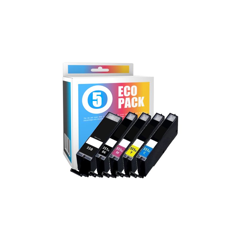 Pack de 5 cartuchos de tinta compatibles  -  CANON 550PGBKXL + 551BKXL + 551CXL + 551MXL + 551YXL  -  2 negro + 1 cian + 1 magen