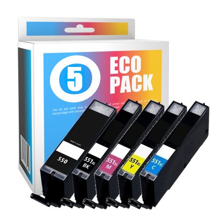 Pack de 5 cartuchos de tinta compatibles  -  CANON 550PGBKXL + 551BKXL + 551CXL + 551MXL + 551YXL  -  2 negro + 1 cian + 1 magen