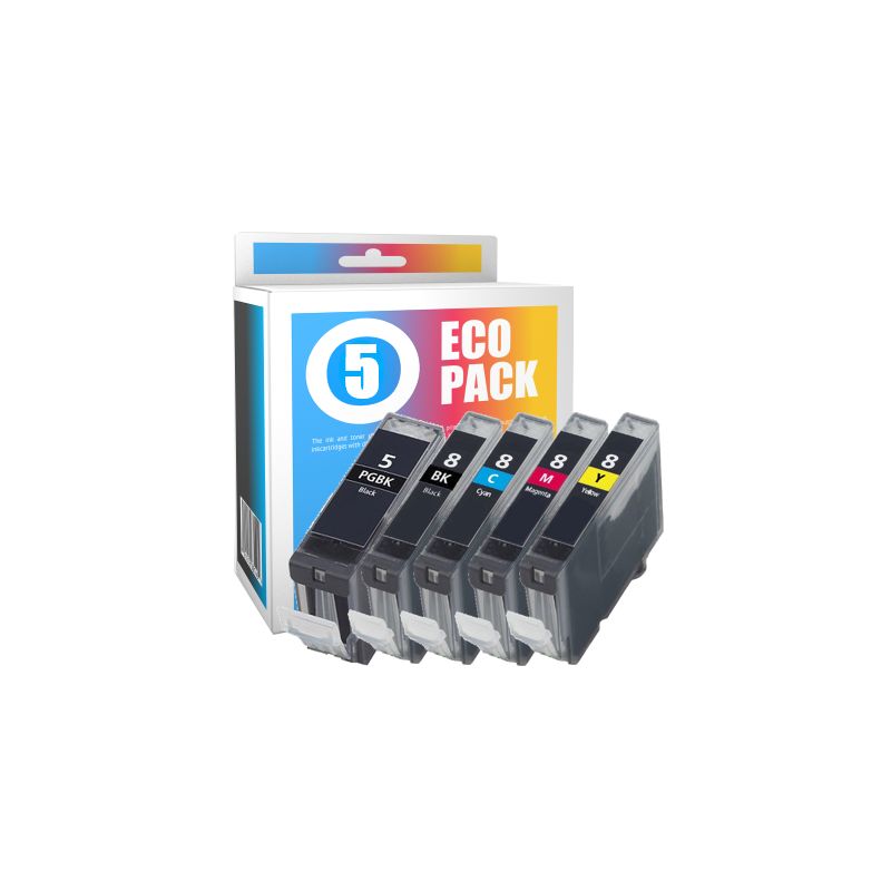 Pack de 5 cartuchos de tinta compatibles  -  CANON PGI5BK + CLI8BK + CLI8C + CLI8M + CLI8Y  -  2 negro + 1 cian + 1 magenta + 1 