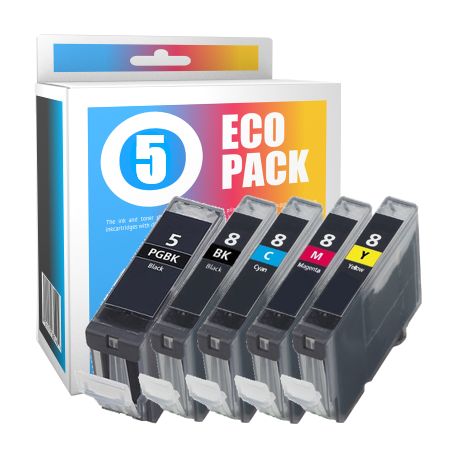Pack de 5 cartuchos de tinta compatibles  -  CANON PGI5BK + CLI8BK + CLI8C + CLI8M + CLI8Y  -  2 negro + 1 cian + 1 magenta + 1 