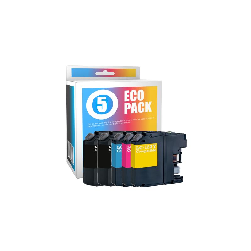 Pack 5 cartuchos de tinta compatibles  -  BROTHER LC123VALBPDR  -  2 negro + 1 cian + 1 magenta + 1 amarillo  -  (LC-123VALBPDR)