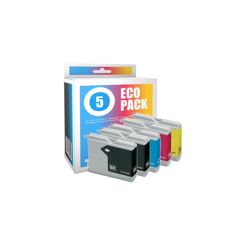 Pack de 5 cartuchos de tinta compatibles  -  BROTHER LC1000  -  2 negro + 1 cian + 1 magenta + 1 amarillo  -  (LC1000VAL)