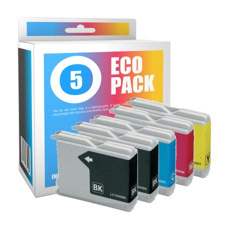 Pack de 5 cartuchos de tinta compatibles  -  BROTHER LC1000  -  2 negro + 1 cian + 1 magenta + 1 amarillo  -  (LC1000VAL)