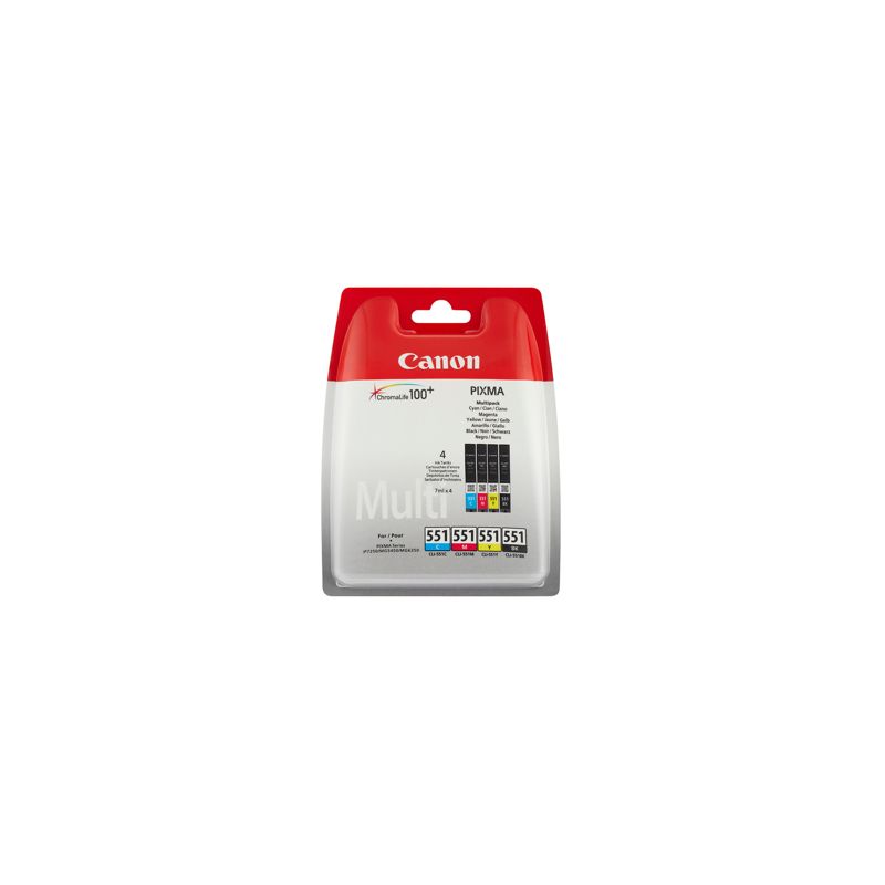 Pack de 4 cartuchos de tinta originales  -  CANON CLI521BK + CLI521C + CLI521M + CLI521Y  -  1 negro + 1 cian + 1 magenta + 1 am