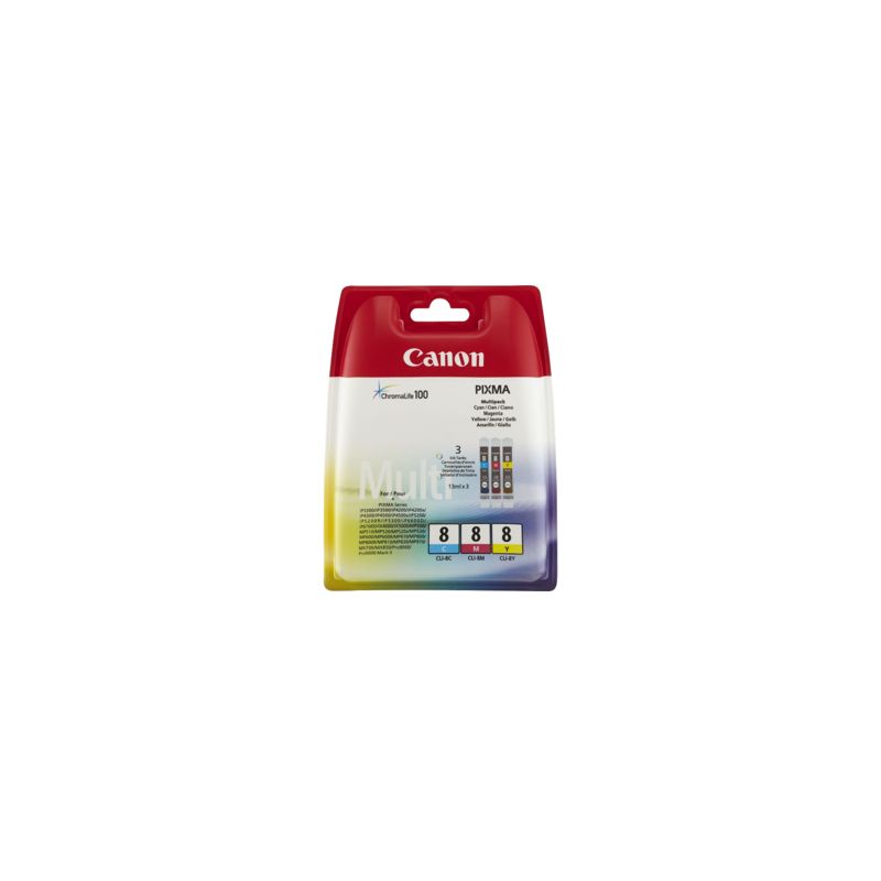 Pack de 3 cartuchos de tinta originales  -  CANON CLI8C + CLI8M + CLI8Y  -  1 cian + 1 magenta + 1 amarillo  -  (0621B029)