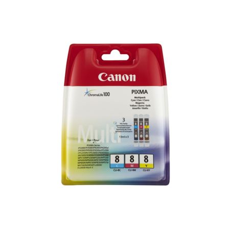 Pack de 3 cartuchos de tinta originales  -  CANON CLI8C + CLI8M + CLI8Y  -  1 cian + 1 magenta + 1 amarillo  -  (0621B029)