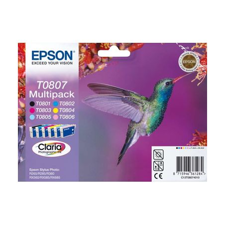 Pack 6 cartuchos de tinta originales  -  EPSON T0807  -  1 negro + 1 cian + 1 magenta + 1 amarillo + 1 cian claro + 1 magenta cl